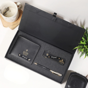 Customised Leather Wallet, Pen & Leather Keychain