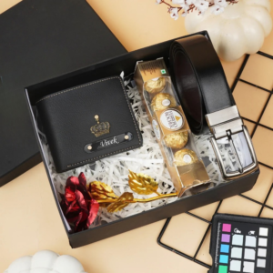 Customised Leather Wallet, Belt, Chocolate & Rose