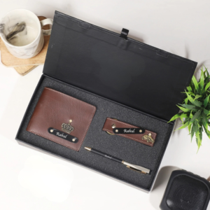 Customised Leather Wallet, Pen & Leather Keychain